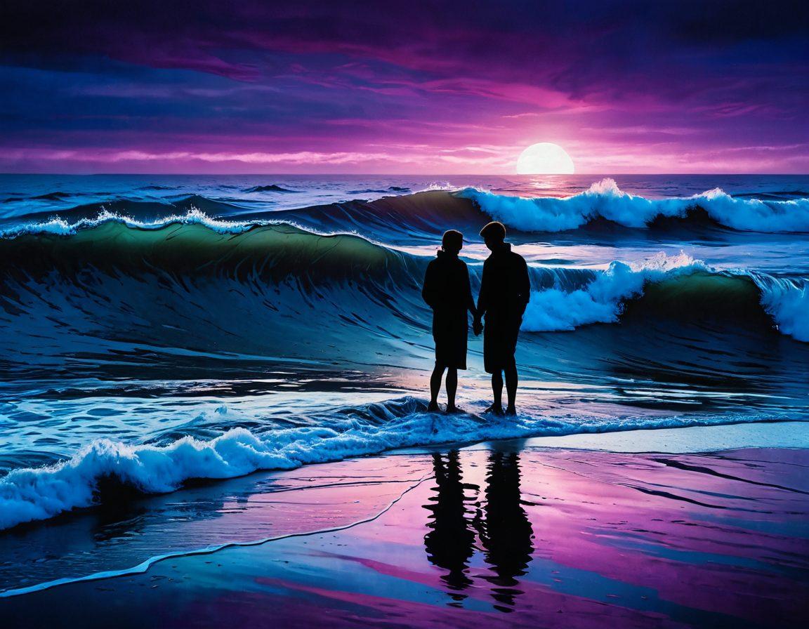 A deep, abstract ocean scene symbolizing the depths of emotion, featuring swirling dark blues and purples that represent sadness. Silhouetted figures are seen navigating the waves, illustrating the struggle and journey through emotional turbulence. Flecks of light pierce through the water, signifying hope and understanding. The atmosphere should feel contemplative and profound, inviting the viewer to reflect on their own experiences. digital painting. vibrant colors.