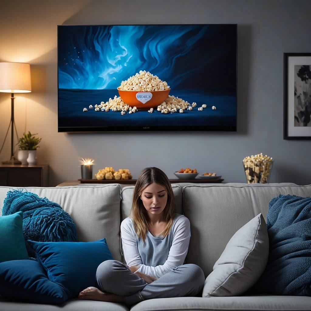 A moody living room scene with a viewer sitting on a couch, tears streaming down their face while watching an emotional FSN TV show on a large screen. The room is dimly lit, with soft shadows and intimate decor, reflecting feelings of sadness and empathy. Several colorful cushions and a bowl of popcorn lay on the table, highlighting a cozy yet poignant atmosphere. Include abstract representations of emotions swirling around the viewer, such as blue and gray tones. super-realistic. vibrant colors.